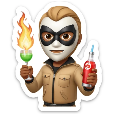 A 3D cartoon masked figure holding a lit Molotov cocktail, dark background, dramatic light, realistic Memoji-style. sticker