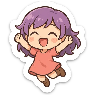 chibi girl with purple hair, jumping, cute chibi stickers illustration style sticker