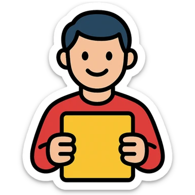 a happy man holding a golden tablet, stylized sticker