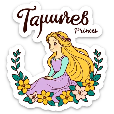 Poster-style sticker, pastel green background. In the center: Rapunzel with long golden hair and flowers. On top: TAURUS. Below in cursive: ‘Nature’s Princess’. At the bottom: ‘Grounded, loving, graceful.’ 🌿🌸✨ sticker