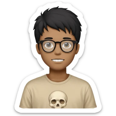 black anime hair guy with skeleton makeup wearing a stussy tshirt with glasses sticker