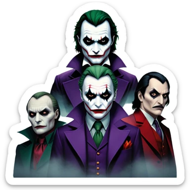 Thriller Movie Icon: A dark, intense collage with close-up images of iconic thriller characters like Joker, Hannibal Lecter, and Vlad Dracula. The background features a moody Gotham City skyline, with shadowy figures and fog. Atmospheric, suspenseful tone. Transparent background. sticker