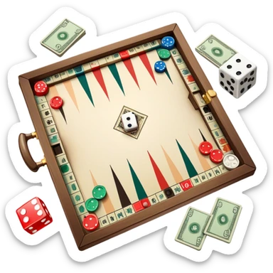 A photorealistic icon featuring a backgammon board with dice, a Monopoly board with money and property cards and a Game of Life spinner. The design captures the detailed textures of the boards, pieces, and accessories. Transparent background. sticker