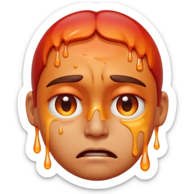 Apple-style emoji illustration of a person melted, overheated face with sweat drops, half-closed exhausted eyes, annoyed or angry expression, warm orange and red tones, soft 3D emoji style, smooth gradients, rounded shapes, centered composition. sticker