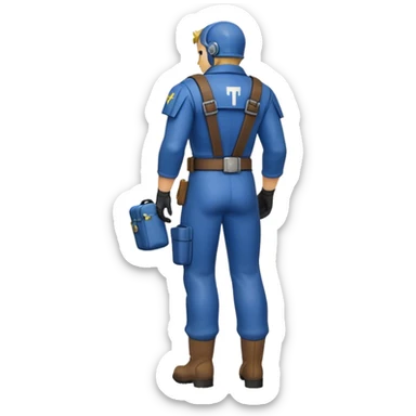 Vault Dweller emoji, style: flat, minimalist, character wearing blue Vault 13 jumpsuit (torn sleeve, bandage on arm), seen from the back, shoulder pad, leather belt with pouches, boots. Simple background. Fallout game series. sticker
