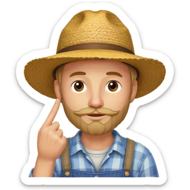 “A single emoji-style character combining 👨‍🌾😄 and 🤔: a smiling farmer man with a straw hat, friendly face, and light beard, holding one hand under his chin in a thinking gesture. His index finger rests under his face, eyes looking slightly upward as if thinking.  sticker