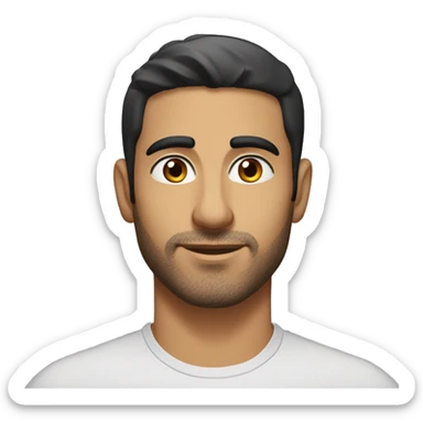 A head and shoulders shot of a 33 year old Middle Eastern man, with short black hair, with stubble facial hair,   with brown eyes wearing a t-shirt. sticker