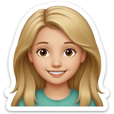 A smiling young girl with long dirty blonde hair and hazel green and brown eyes sticker