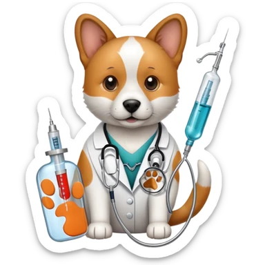 An icon featuring a stethoscope, a paw print, and a syringe, symbolizing veterinary medicine. The design includes a dog and a cat, alongside medical tools, representing animal care, diagnosis, and treatment. Transparent background highlights the science of animal health and well-being. sticker