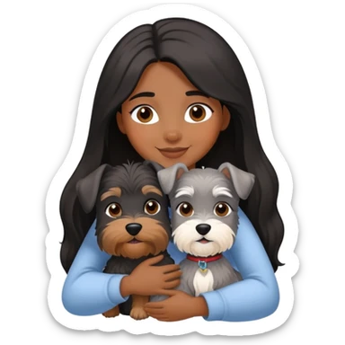 A black long-haired girl happily hugs a Schnauzer sticker