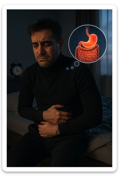 a tired-looking man sits on the edge of his bed at dawn, holding his stomach with a pained expression. Dark circles under his eyes and a messy bed indicate poor sleep. In the background, a clock shows early morning hours, and a thought bubble or overlay highlights digestive organs, emphasizing intestinal discomfort linked to sleep deprivation. sticker