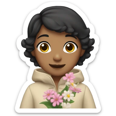 A girl with very short black hair, fair skin, and brown eyes wearing a coat and waving flowers sticker