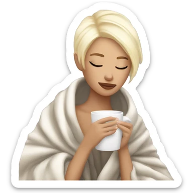 Platinum blonde short hair girl inside a blanket sipping coffee eyes closed sticker