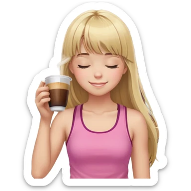 chica con pelo rubio largo con flequillo. tiene cara de que el café está rico. tiene los ojos cerrados y se la ve de perfil . lleva un top rosa de gimnasio  corto y de tirantes. el café está en un vaso transparente y es de color marrón oscuro. la pajita es dorada  sticker