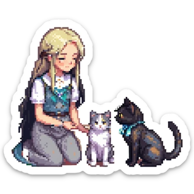 beautiful girl with long black hair petting a gray and blonde mixed cat, girl and cat looking at each other, pixel art style sticker