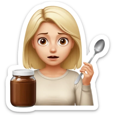Nutella with a spoon. The glas of Nutella is almost empty . Only the one carriage of Nutella. Next to the Nutella is the head of a blond woman who is desperate to eat the Nutella  sticker