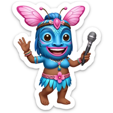 Cartoon Blue and pink tiki dancing with butterfly and mikrophone sticker