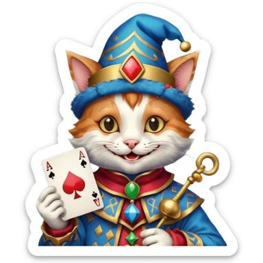 crazy colorful cute little cat jolly joker from poker, medieval, vintage, court jester, mac os icon, blue color, holds an ace poker card (clearly detailed and precise) sticker