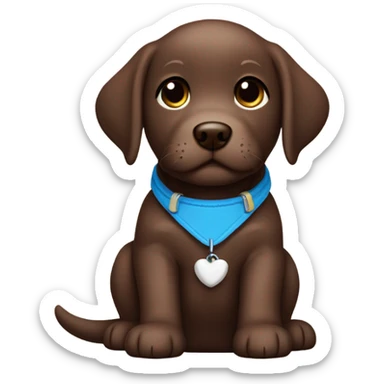 Chocolate labrador adorable little puppy with small white fur on chest and cute blue collar sticker