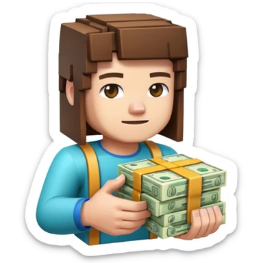 emoji style icon, minecraft blocky character holding a stack of money, pixel art style, bright colors, simple background, 3D glossy emoji, centered composition, soft shadow, high detail, clean outline, white background sticker
