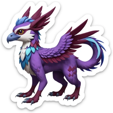 Feral Rare realistic edgy burgundy-purple pretty beautiful handsome gorgeous aesthetic colorful vibrant Vernid-Trico-Silvally-Nargacuga-Gryphon-fusion-hybrid-species-Fakemon-creature by LiLaiRa, random markings, tufted ears, full body sticker
