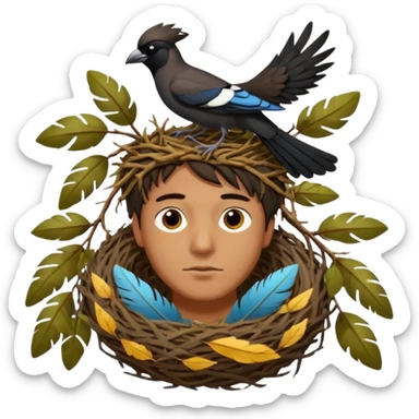 A man who has a magpie birds nest on top of his head for hair sticker