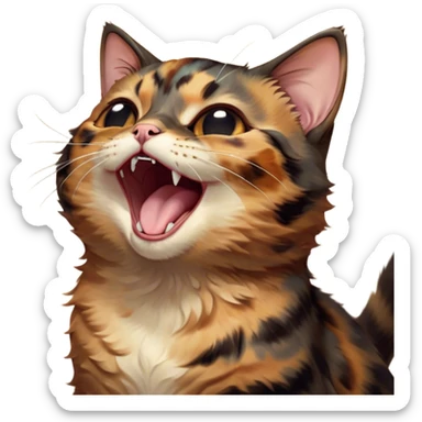 Cinematic Cute Yawning Tortoiseshell Cat Portrait Emoji, Head slightly tilted with a wide, adorable yawn and half-closed, dreamy eyes, featuring a warm, mottled fur of rich browns and blacks, simplified yet irresistibly cute, highly detailed, glowing with a soft, slumbering radiance, high shine, exuding a relaxed, drowsy charm, styled with a gentle, soft glowing outline, capturing the essence of a tortoiseshell cat in a precious moment of sleepy delight! sticker