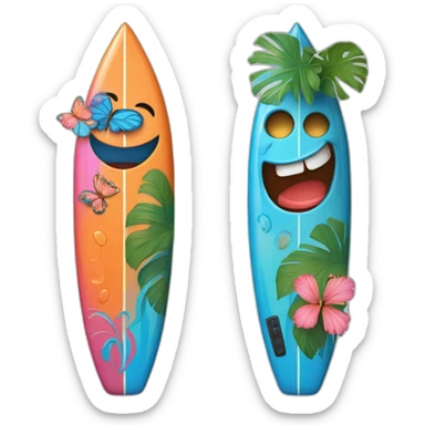 A surfboard Cartoon Blue and orange tiki smiling with butterfly and and Cartoon Blue and pink tiki singing with butterfly and mikrophone sticker