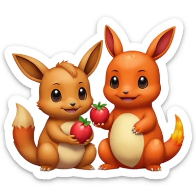 Eevee and Charmander sitting side by side, happily sharing a big fruit together. Both look joyful and friendly, drawn in a playful emoji-like cartoon style. sticker