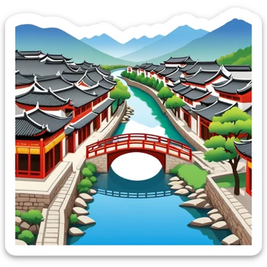 Lijiang Ancient Town Yunnan with canals and bridges, simplified emoji style with bold outlines and bright colors, cartoon style traditional Chinese old town sticker