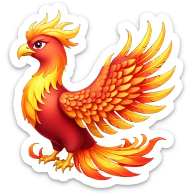 Cinematic Noble Mystical Fire Phoenix Portrait Emoji, Poised and resplendent, with a radiant, fiery plumage in brilliant hues of scarlet, gold, and ember, featuring elongated, elegant tail feathers that flow like molten lava, and piercing, wise eyes reflecting the eternal cycle of rebirth; rendered with lifelike texture and luminous natural highlights, high shine, majestic and awe-inspiring, styled with an aura of mythic resurgence, focused and regal, soft glowing outline, capturing the essence of a legendary phoenix rising from the flames with timeless grace! sticker