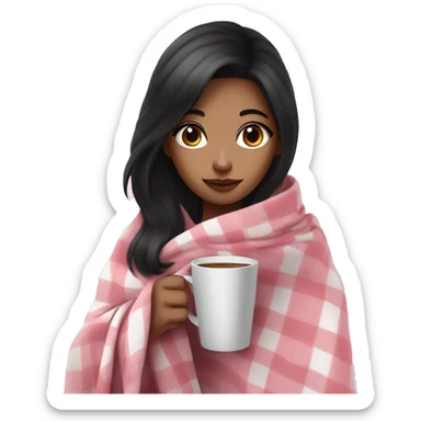 cute black hair girl wrapped in pastel pink plaid blanket drinking coffee sticker