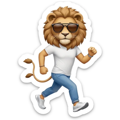 friendly anthropomorphised lion in jeans and a t-shirt, wearing dark sunglasses, jogging upright in standard pose sticker