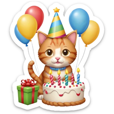 Ginger tabby kitten celebrates birthday, birthday hat, birthday cake, balloons, happy, gifts sticker