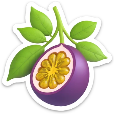 a whole passion fruit, deep purple, with a green leaf, fresh and glossy sticker