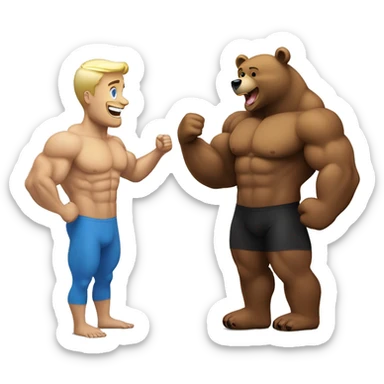 A happy bear talking with  bodybuilding blond man sticker