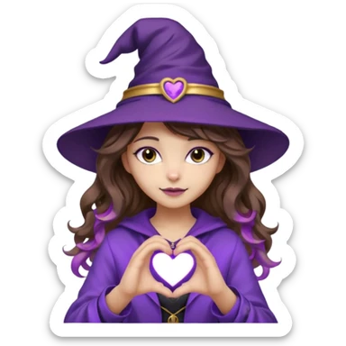 girl with wavy brown hair with lilac tips, making a heart with hands, stylish clothes in purple and black tones, purple and gold witch hat with cat ears sticker