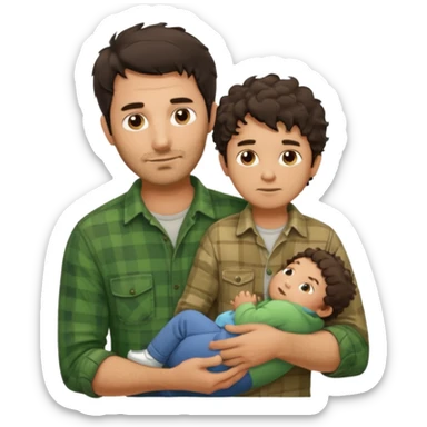 A father with messy medium-length dark hair and light stubble, wearing a green flannel shirt. He holds his child who has short curly brown hair and a cream-colored romper. Cozy warm lighting, authentic family moment. sticker