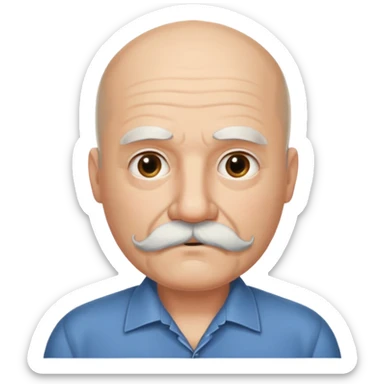61 years old. Bald with dark hair on the sides. black thick moustache. White beard. saying sorry sticker