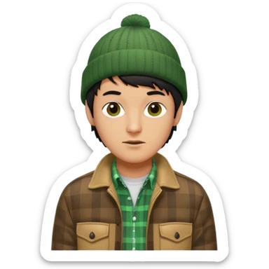 young man with longish black Beatle haircut, tan complexion, green beenie hat, tan jacket, checked shirt , pork chop sideburns sticker
