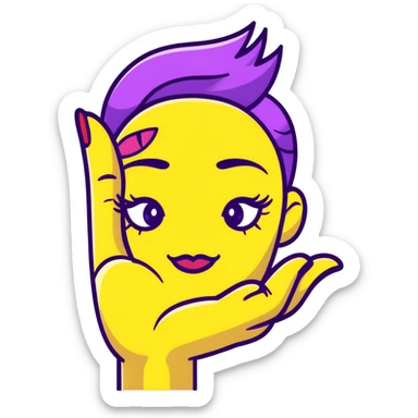 Classic yellow emoji face with closed eyes that form upward curved lines, eyelashes, pursed lips with lipstick, and a hand gesture with only the thumb out while other fingers are closed, all nails painted sticker