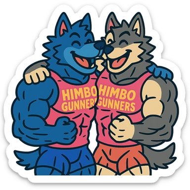 pair of ultra-muscular wolf furries wearing 'Himbo gunners' t-shirts, hugging, cheerful and energetic, very large and defined muscles sticker