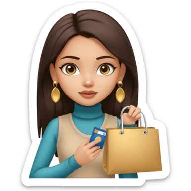 a pretty bratz fair indian girl wearing a beige sleeveless turtleneck, golden earrings, straight ling hair, holding bank cards, dark brown hair, carrying shopping bags sticker