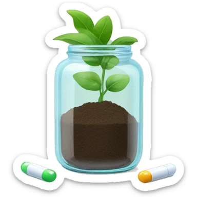 Glass jar with plant and pills as soil sticker