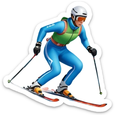 An icon featuring snowy peaks, pine trees, and a picturesque mountain landscape with a skier racing down a snow-covered slope. The sky is blue with soft clouds, capturing the thrill and beauty of alpine skiing. Transparent background highlights the excitement and serenity of winter sports. sticker