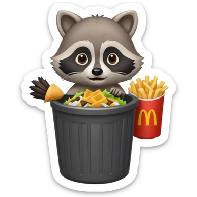 A cute raccoon eating McDonald's over a trash can sticker