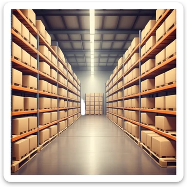 Modern warehouse interior, ultra-realistic, 4K, industrial shelves with boxes and pallets, soft lighting, realistic shadows, sharp focus, cinematic depth of field, professional photography. sticker