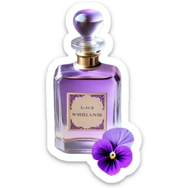 An ornate glass perfume bottle, filled with a delicate violet-hued elixir, rests on a lace-covered vanity tray, surrounded by pressed pansies in shades of lavender, plum, and amethyst, their petals softly curling with time. A worn leather-bound poetry book, its pages kissed with faded lilac ink, lies open beside it, exuding whispers of forgotten verses and fleeting romance sticker