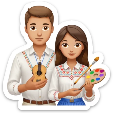 a guy in a white Ukrainian embroidered shirt and a girl in a white Ukrainian embroidered shirt, holding music and a paint palette sticker