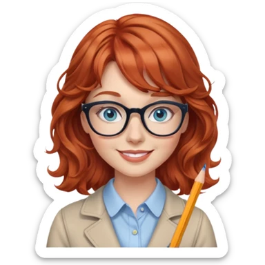 redheaded woman with wavy hair and bangs, blue eyes, glasses, chic outfit, holding a pencil, smiling sticker